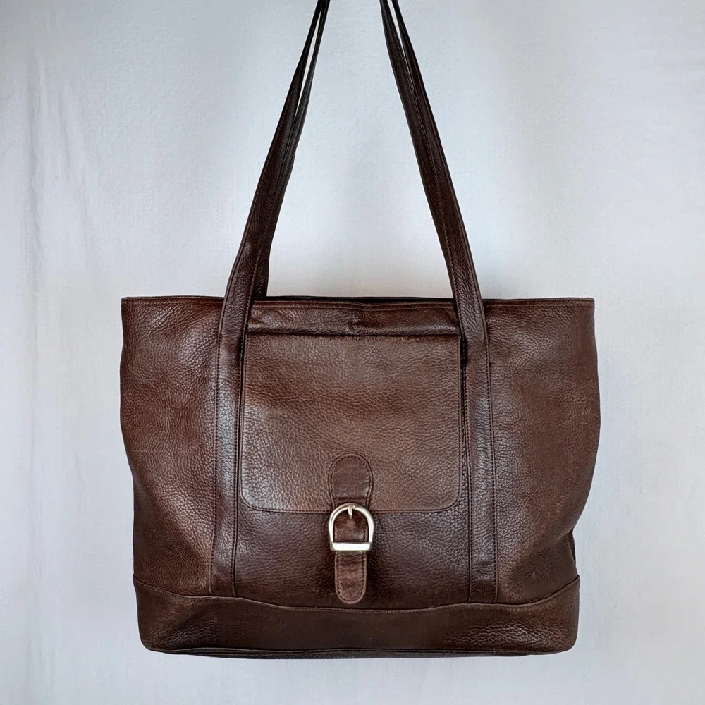 Eddie Bauer Brown Pebbled Leather Tote Bag Buckle Flap Shoulder Bag   Timeless